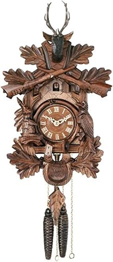 River City Clocks One Day Hunter's Cuckoo Clock with Hand-Carved Oak Leaves, Animals, Crossed Rifles, and Buck - 16 Inches Tall - Model # 19-16