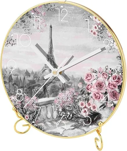 Round Clock for Desk Tabletop Shelf Mantel, Silent Quartz Decorative Wall Clock Non-Ticking, Eiffel Tower Roses Beautiful Plug in Wall Clock