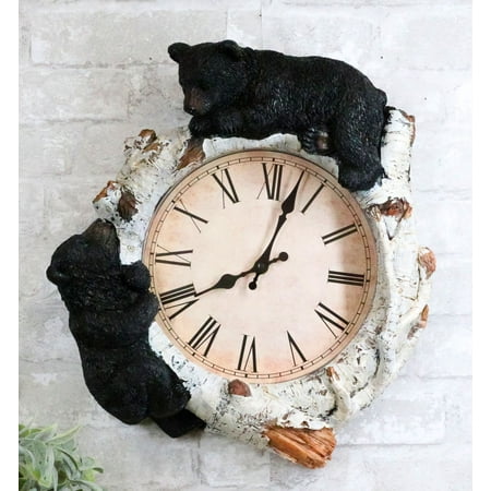 Rustic Western Forest Black Bear Cubs Climbing Birchwood Branch Resin Wall Clock