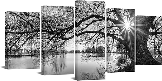 sechars - 5 Pieces Wall Art,Old Tree by Lake Picture Canvas Prints Sunrise Painting Black and White Landscape Canvas Art,Modern Wall Decoration,Framed and Ready to Hang