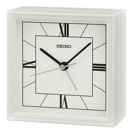 Seiko 4 Seihokei Beep Alarm Clock White Wooden Square Traditional Analog Quartz Desktop QXE064WLH