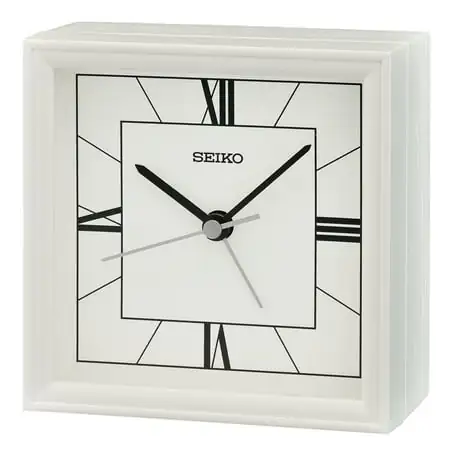 Seiko 4 Seihokei Beep Alarm Clock White Wooden Square Traditional Analog Quartz Desktop QXE064WLH