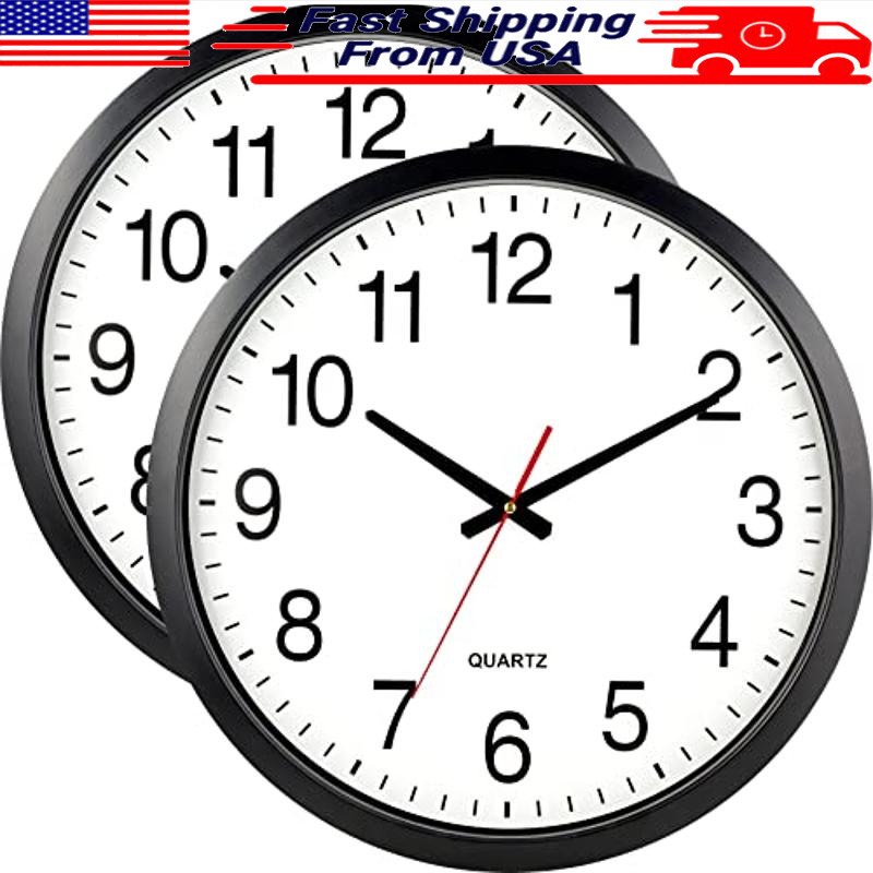 Set of 2 XL 18" Black Wall Clocks Silent Non Ticking Home Office Decor New