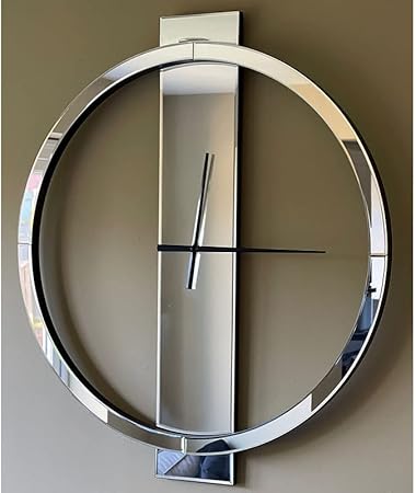 SHYFOY Large Round Wall Clock, 23" Mirror Glass Finish, Black Painted Wooden Edges, Beveled Mirrored Front, Battery Operated, Easy Installation