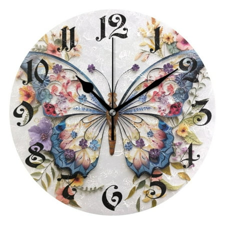 Silent Wall Clock Floral Butterfly 10 Non-Ticking Battery Clock Rustic Retro Home Decorative for Living Room Kitchen Bathroom