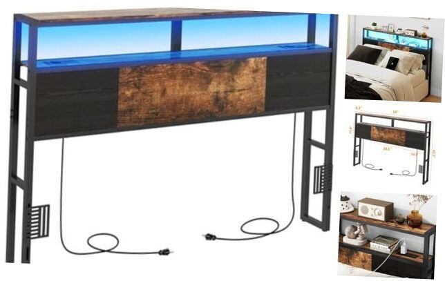 Size Headboard, Headboards with Charging Station, Queen Rustic Brown + Black