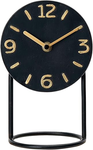 SOFFEE DESIGN Table Clock with Round Base, Iron Silent Desk Clock Battery Operated for Living Room Bedroom Home Decoration, Black