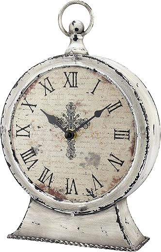 Stonebriar Large 12 Inch Decorative Battery Operated Table Top Clock with Roman Numerals and Antique Finish, 12, Worn White