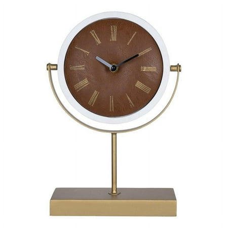 Stratton Home Decor Modern 8 Emmett Round White, Gold, and Faux Leather Tabletop Clock