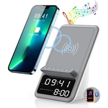 SunshineFace Speaker Alarm Clock，Wireless Charging Station with Bluetooth Speaker，Wireless Charger Compatible with iPhone 14 13 12 11 Pro Max Series,Samsung Series,Other Android Phones(Grey-White)