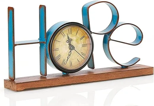 Table Clock - 5.12" H Antique Metal Wood Clock Vintage Blue Hope with Battery Operated Round Quartz Clock for Living Room Dining Room Bedroom Office (Hope)