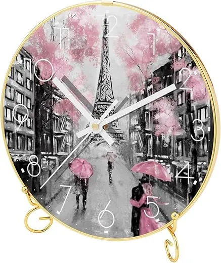 Tabletop Clock with Metal Stand Base, Battery Operated Decorative Desk Table Clock, Eiffel Tower Paris Rain Modern Silent Non-Ticking Quartz Wall Clock