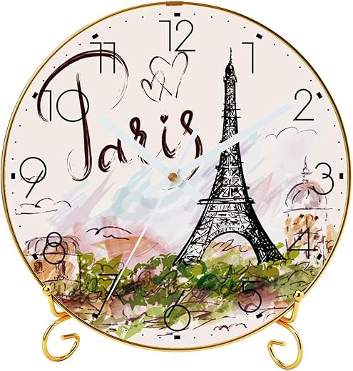 Tabletop Clock with Metal Stand Base, Battery Operated Decorative Desk Table Clock, France Paris Eiffel Tower Modern Silent Non-Ticking Quartz Wall Clock