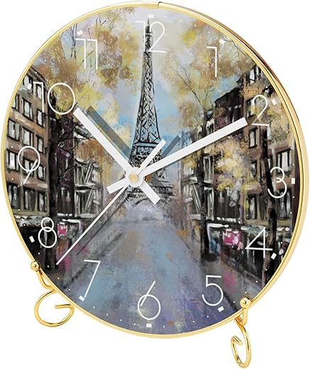 Tabletop Clock with Metal Stand Base, Battery Operated Decorative Desk Table Clock, Paris Eiffel Tower Oil Painting Modern Silent Non-Ticking Quartz Wall Clock