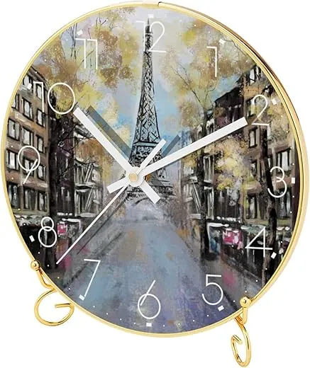 Tabletop Clock with Metal Stand Base, Battery Operated Decorative Desk Table Clock, Paris Eiffel Tower Oil Painting Modern Silent Non-Ticking Quartz Wall Clock