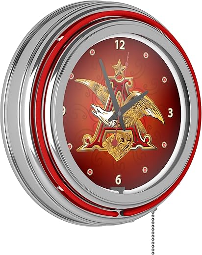 Trademark Global Budweiser Retro Neon Wall Clock, 14" Decorative Plug in or Battery Operated Analog Clock with Pull Chain