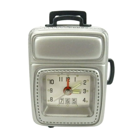 Travel Alarm Clock, Silver & Black Roller Luggage w/Wheels Replica