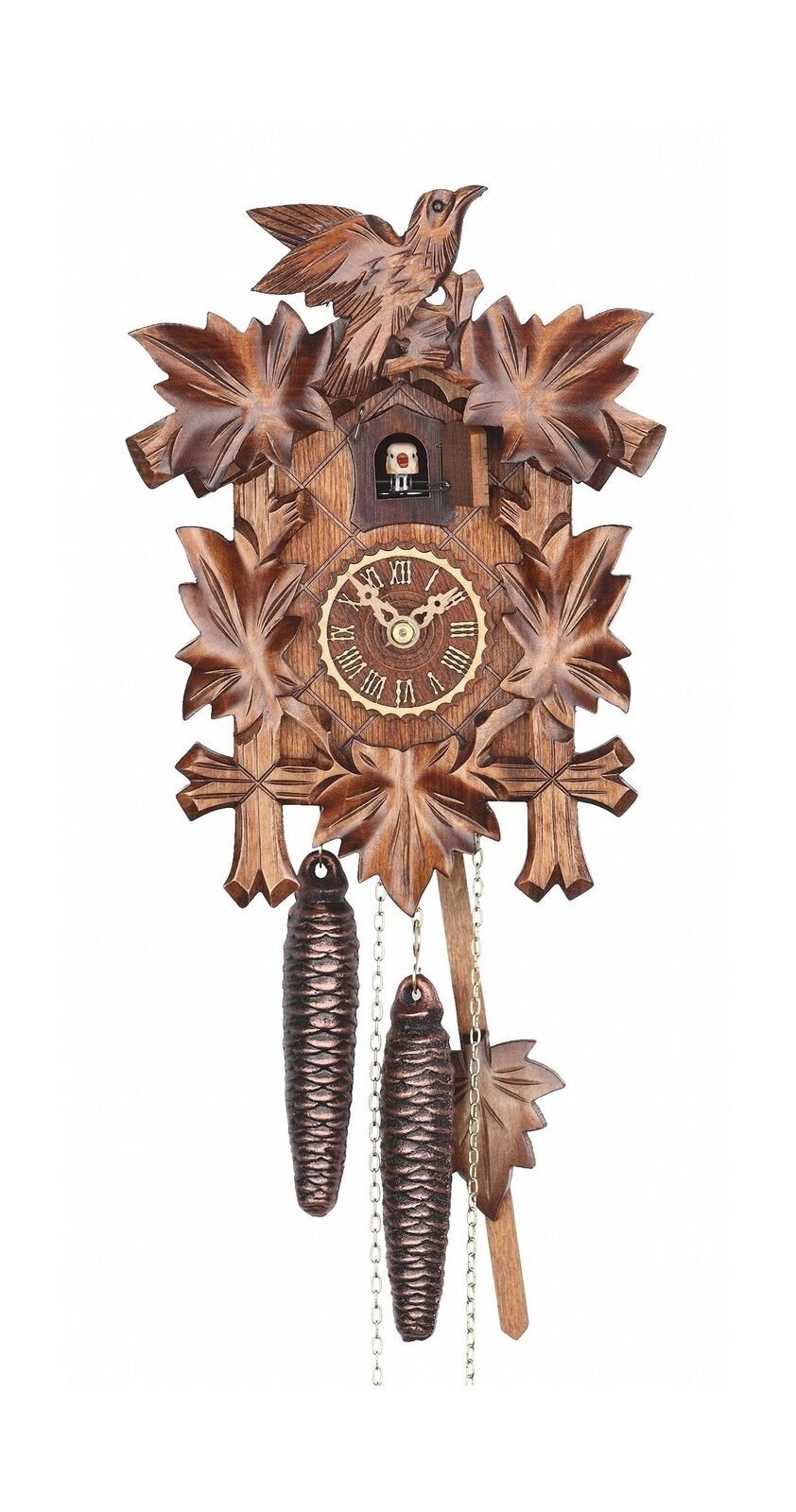 Trenkle Cuckoo Clock Five Leaves with Bird, 1 Day Running time, Walnut