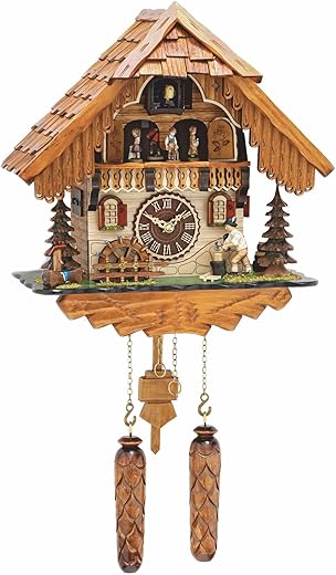 Trenkle Quartz Cuckoo Clock Black Forest house with moving wood chopper and mill wheel, with music TU 498 QMT HZZG