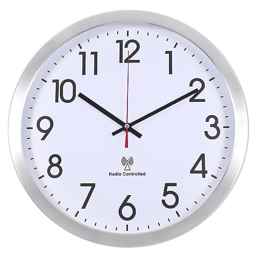 Vigorwise Atomic Analog Wall Clock, 14Inch Radio Controlled Sets Automatically Wall Clock, Aluminum Frame Wall Clock Decorative for Home Kitchen Living Room Bedroom Office School