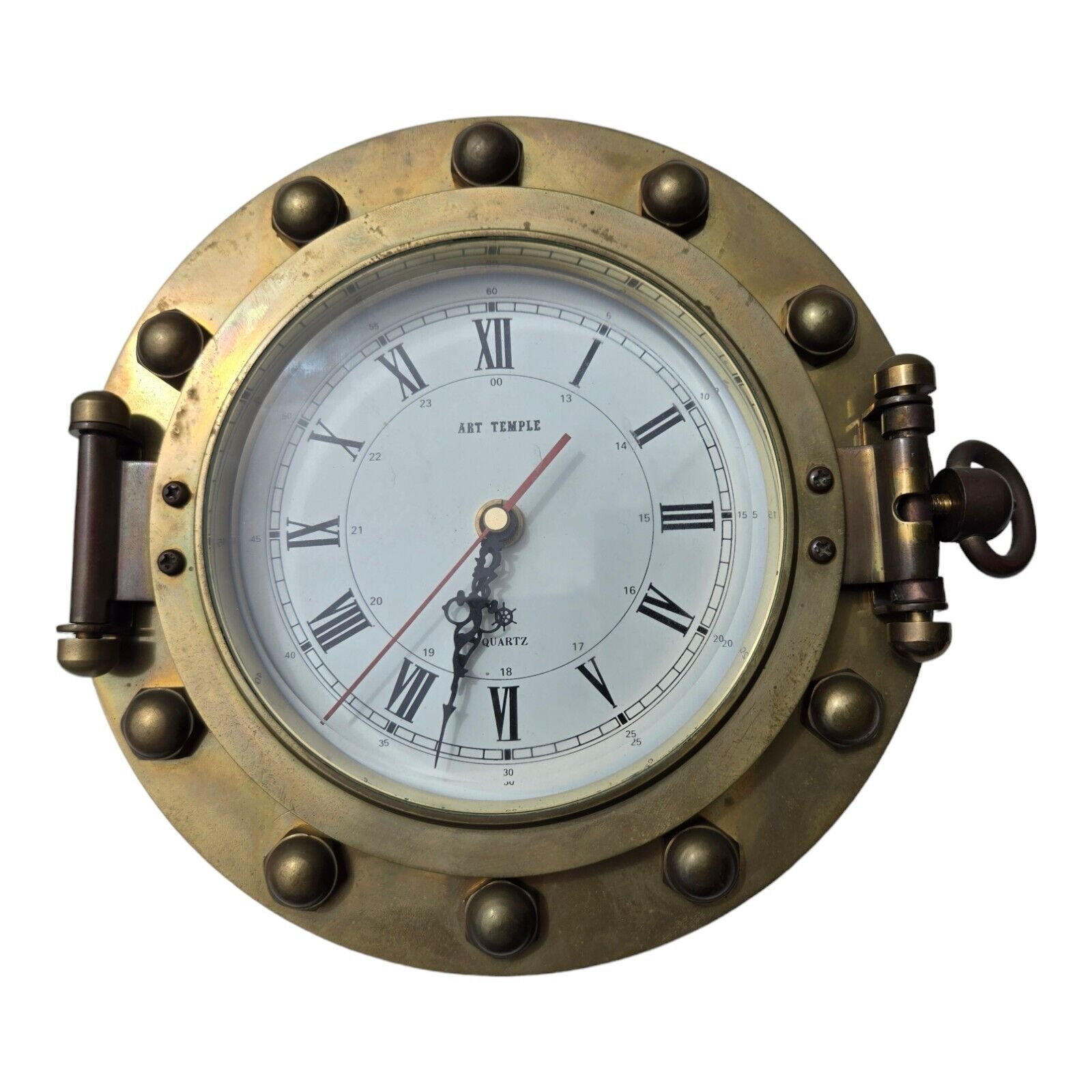 Vintage Art Temple Brass Ship Porthole Nautical Wall Clock. Tested.