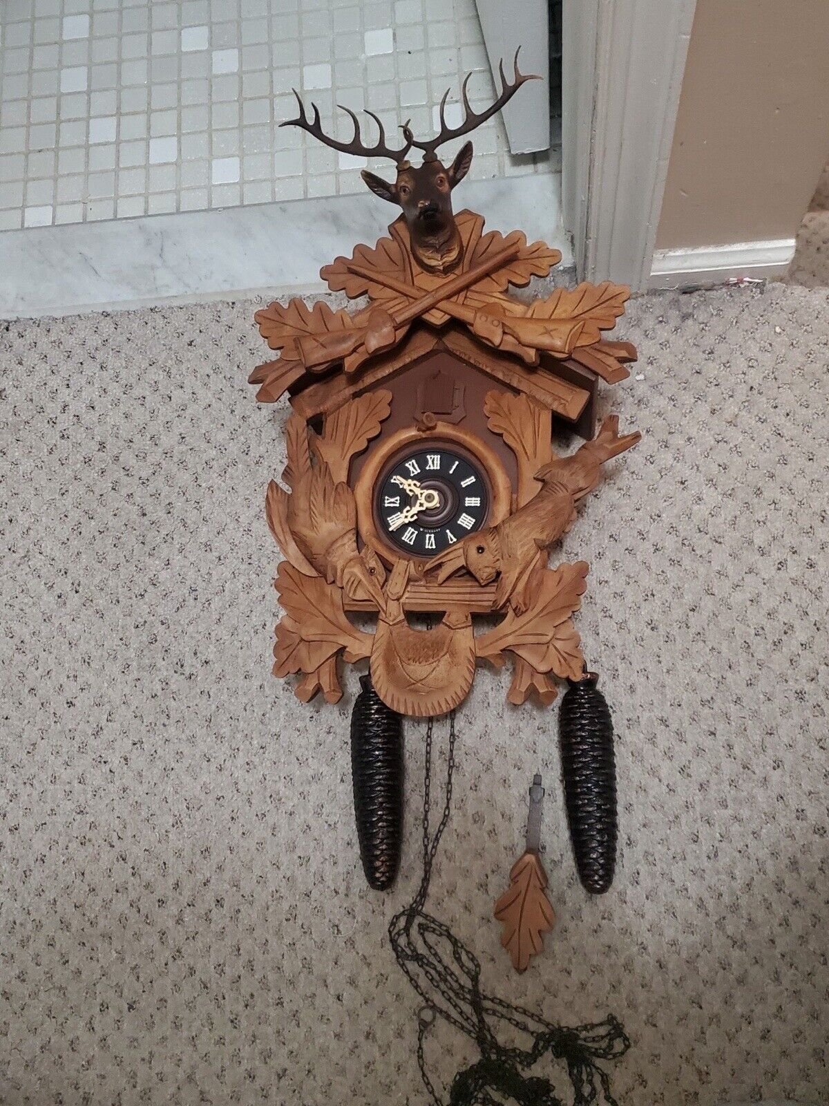 Vintage Authentic German Black Forest Hunter Hunting Cuckoo Clock Needs Service