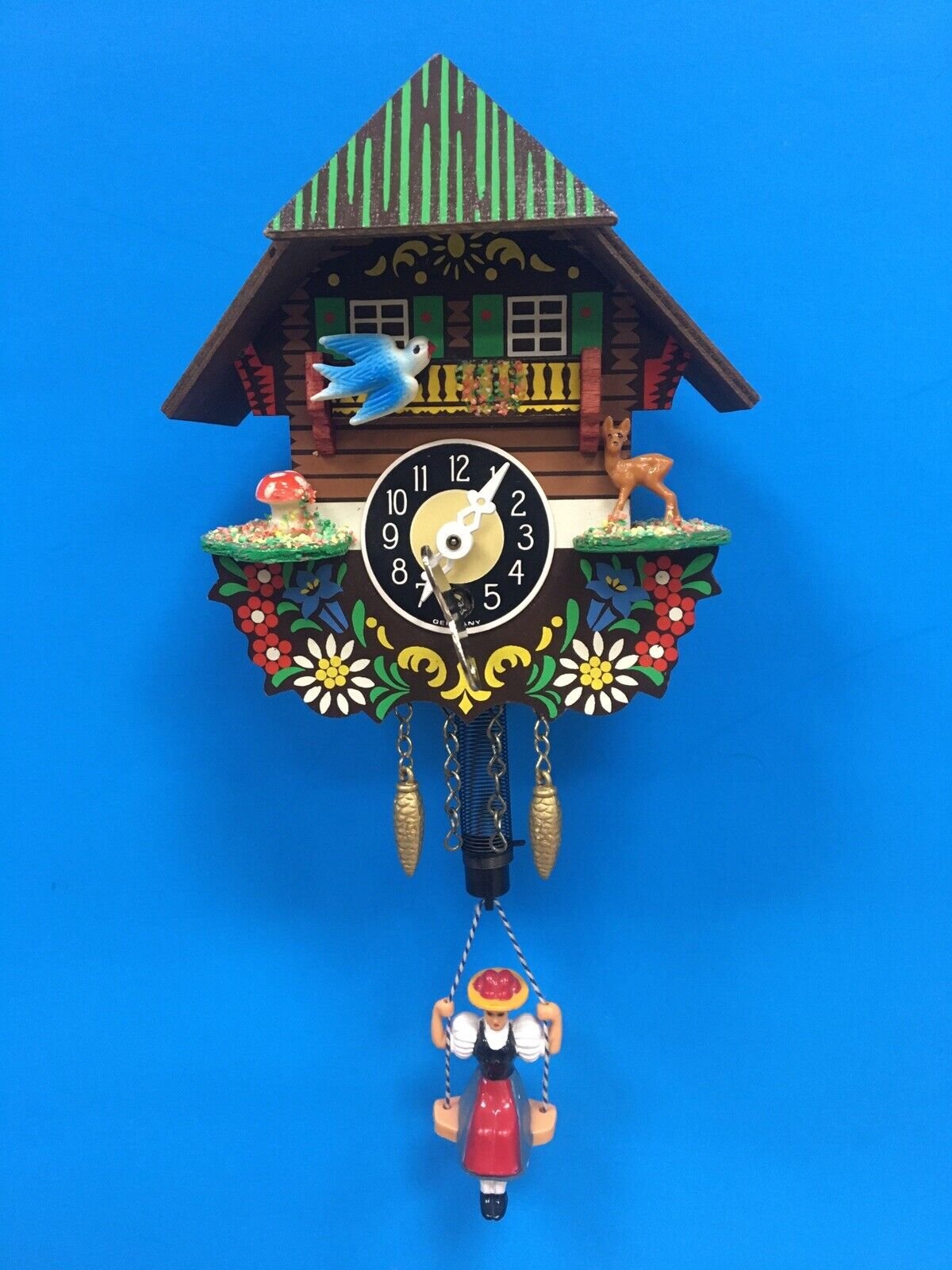 Vintage Black Forest Of Germany Cuckoo Clock Swinging Girl for Parts Repair 11x4