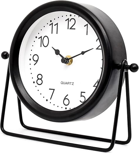 Vintage Black Table Clock on Stand, Decorative Desk and Shelf Clock，Decorative Battery Operated Table Top Clock for Living Room，Silent Non-Ticking