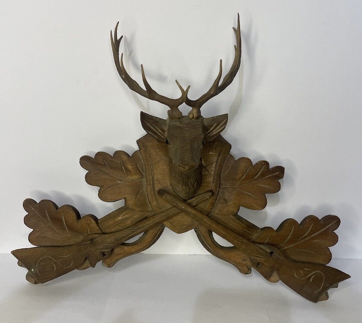 Vintage German Black Forest Cuckoo Clock Elk Deer Crown Topper Carved Wood