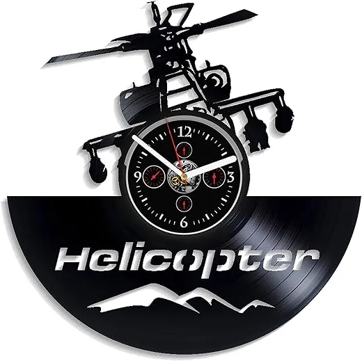 Vintage Helicopter Wall Clock, 12 Inch, Vinyl Record, Quartz Movement, Battery Not Included