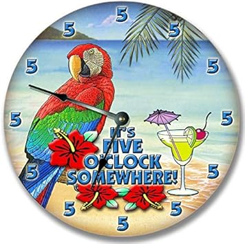 Vintage Round Wooden Hanging Wall Clock 5 O'Clock Somewhere Wall Clock Beach House Decor House Warming Gift Parrot Martini New House Present Decorative for Home 15 Inch