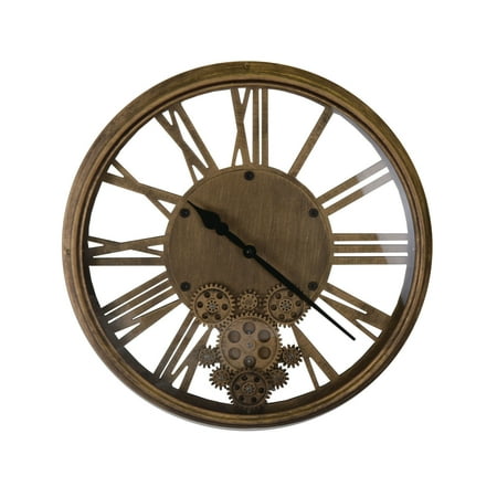 Vintage Style Metal Skeleton Wall Clock With Moving Gears and Roman Numerals on Glass