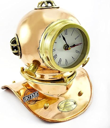 Vintage Table Clock Brass Handmade Maritime Scuba Dive Helmet Nautical Shelf Boat Clocks Home Collectible Decor