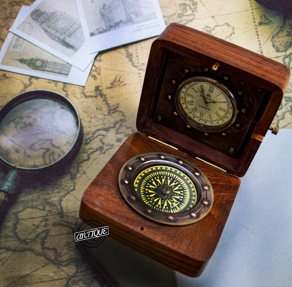 Vintage Table Watch Antique Wooden Desk Compass Brass Brown Clock Christmas Gift