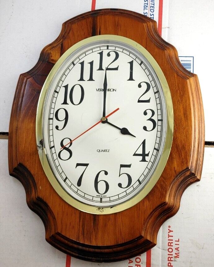Vintage Verichron Wall Hanging Clock Quartz Wood Brass Oval