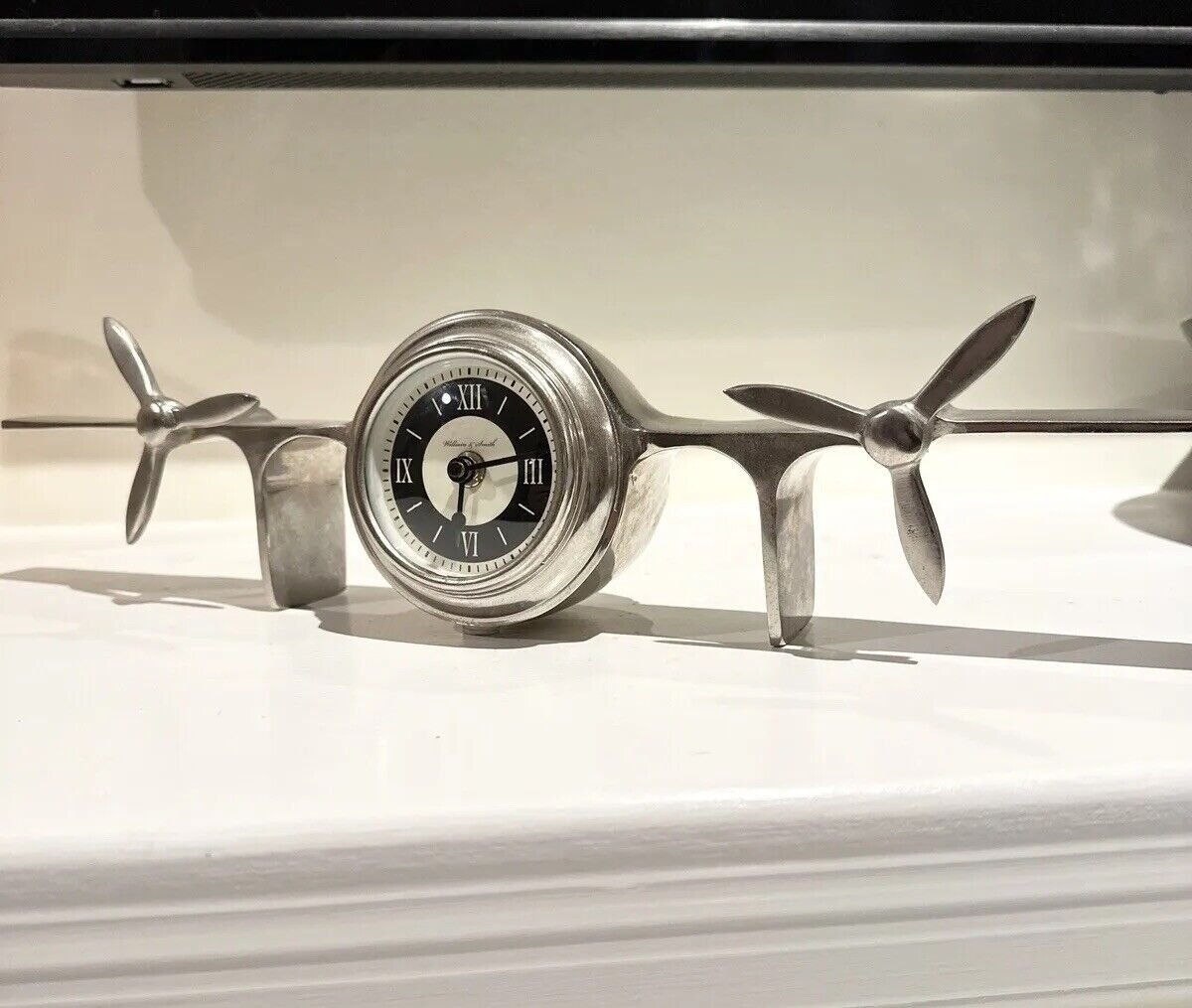 Vintage William And Smith Chrome and Black Plane Helicopter Desk Clock TESTED
