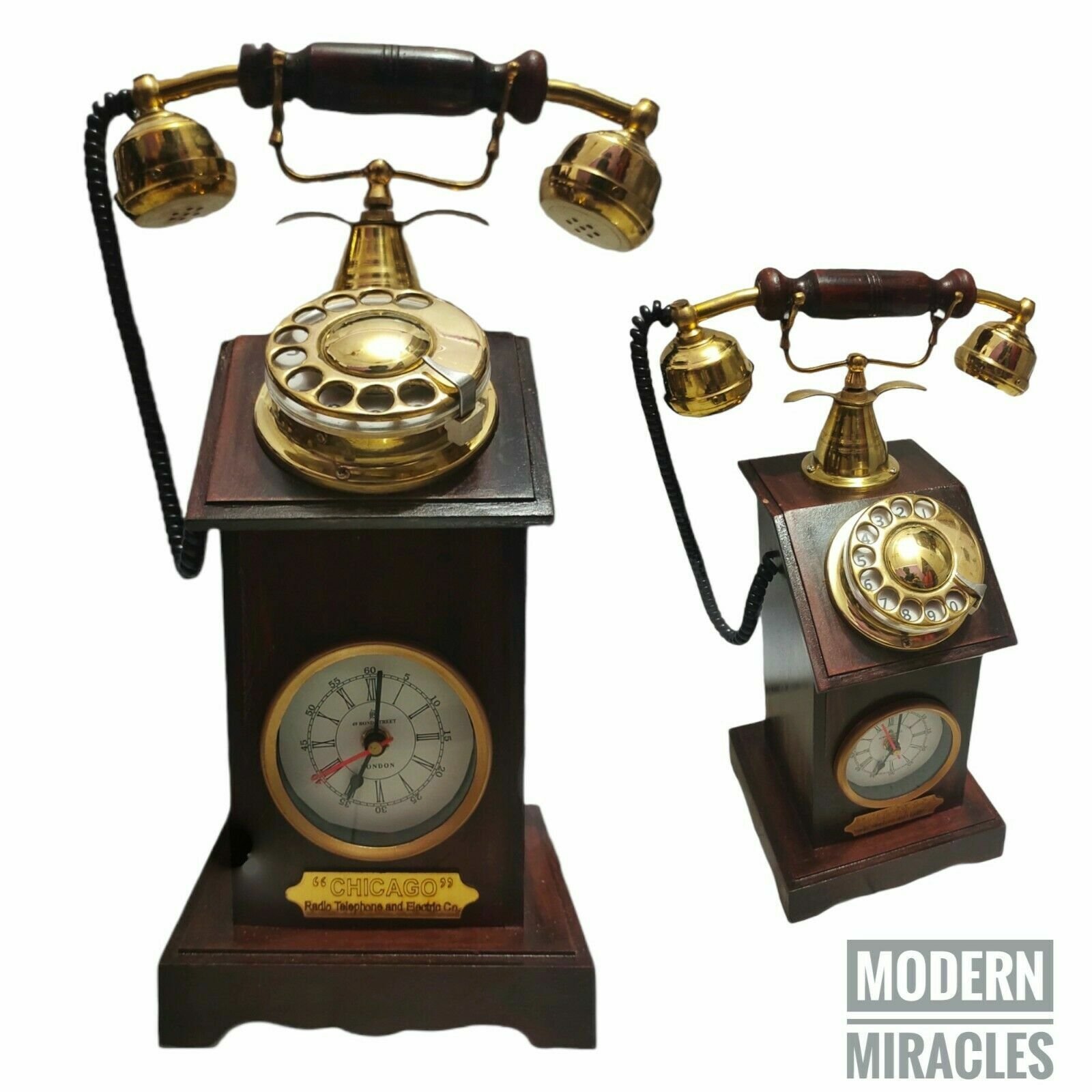 Vintage Wooden Rotary Dial Brass Telephone with Clock Antique Style Etching Gift
