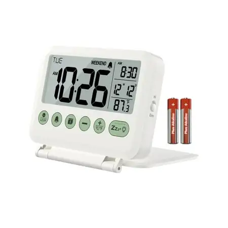 VOCOO Digital Travel Alarm Clock, Bedside LCD Clock with Date Temperature Snooze Backlight 12/24H Weekend Mode and 2 Volumes, Folding Desk Clock for Kids Office Bedroom, Battery Included, White