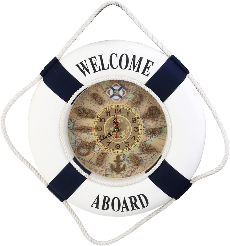 VOSAREA Nautical Anchor Clock Wall Hanging Life Ring Ocean Decor Large Wall Clocks Nautical Welcome Sign Beach Pirate Decor Large Digital Clock Welcome Aboard Ring 3D Wake Alarm Clock