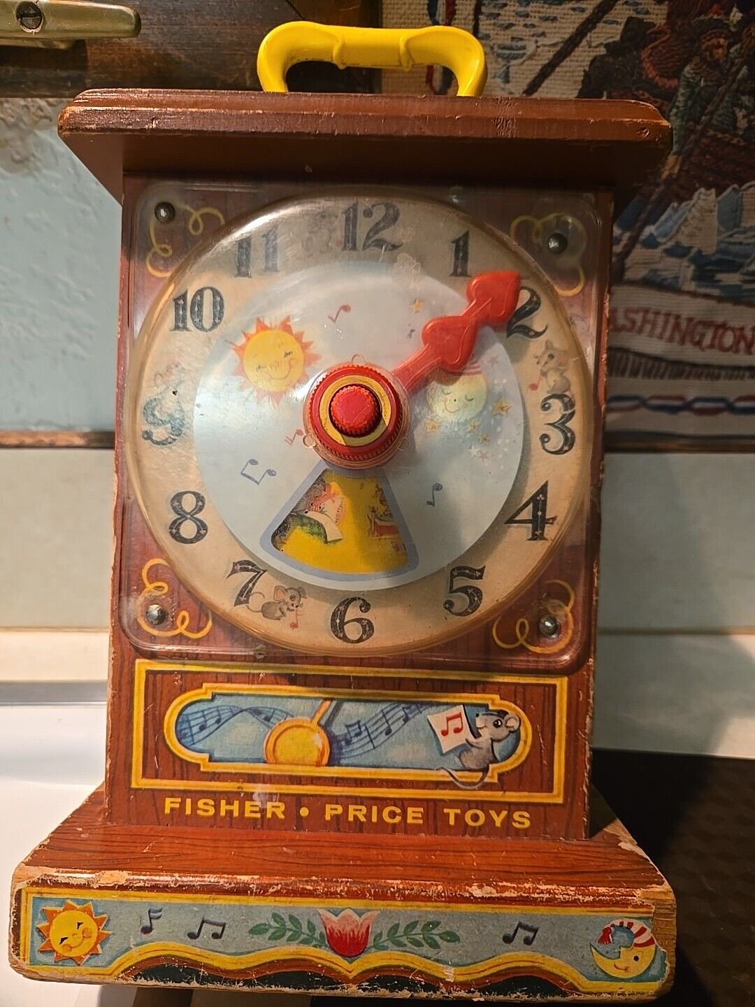 VTG 1962 Fisher Price Tick Tock Teaching Clock Musical Animated Wood Toy Works!