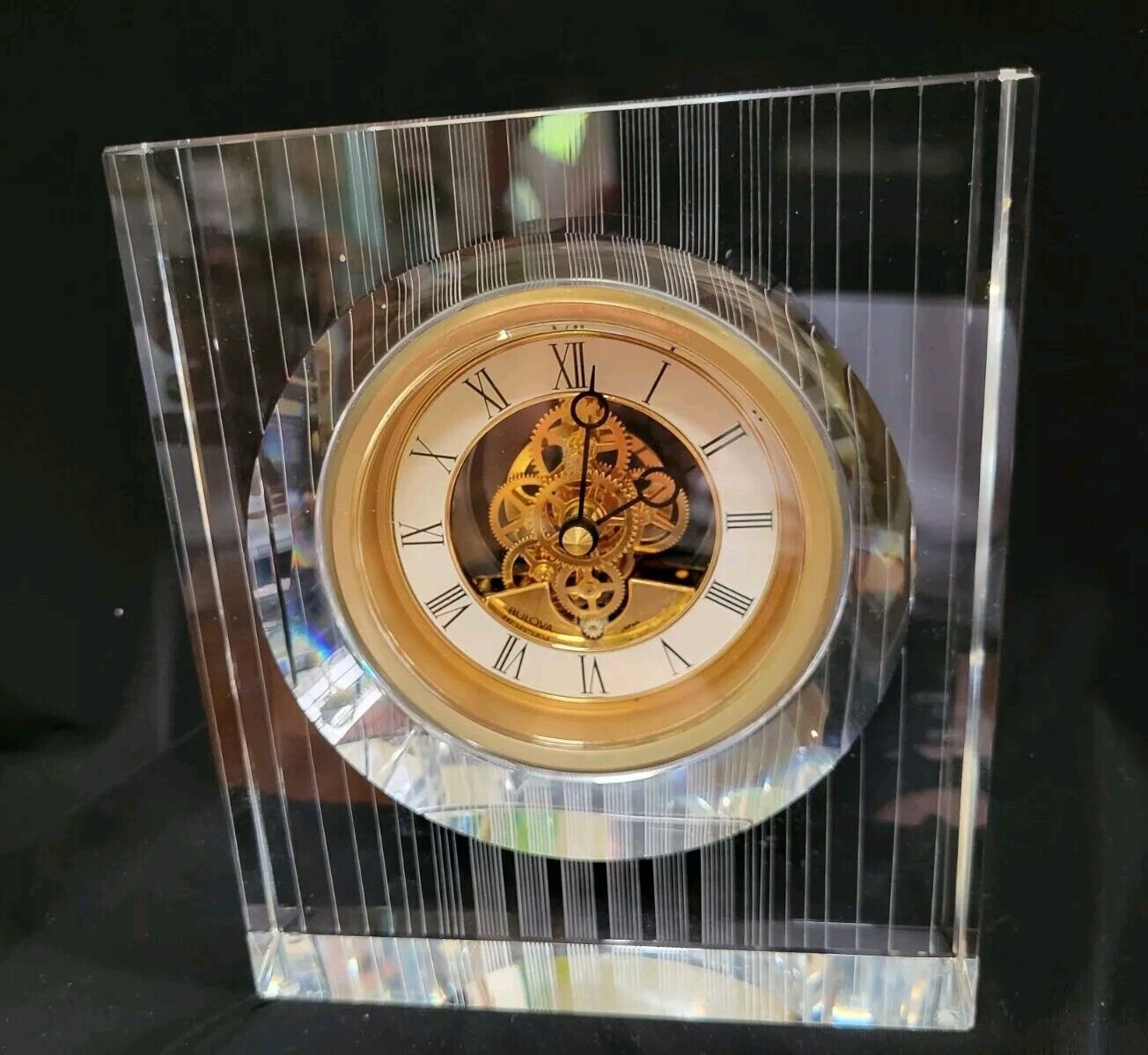 Vtg BEAUTIFUL Bulova Japan Vantage Skeleton Quartz All Crystal Mantel Clock MINT