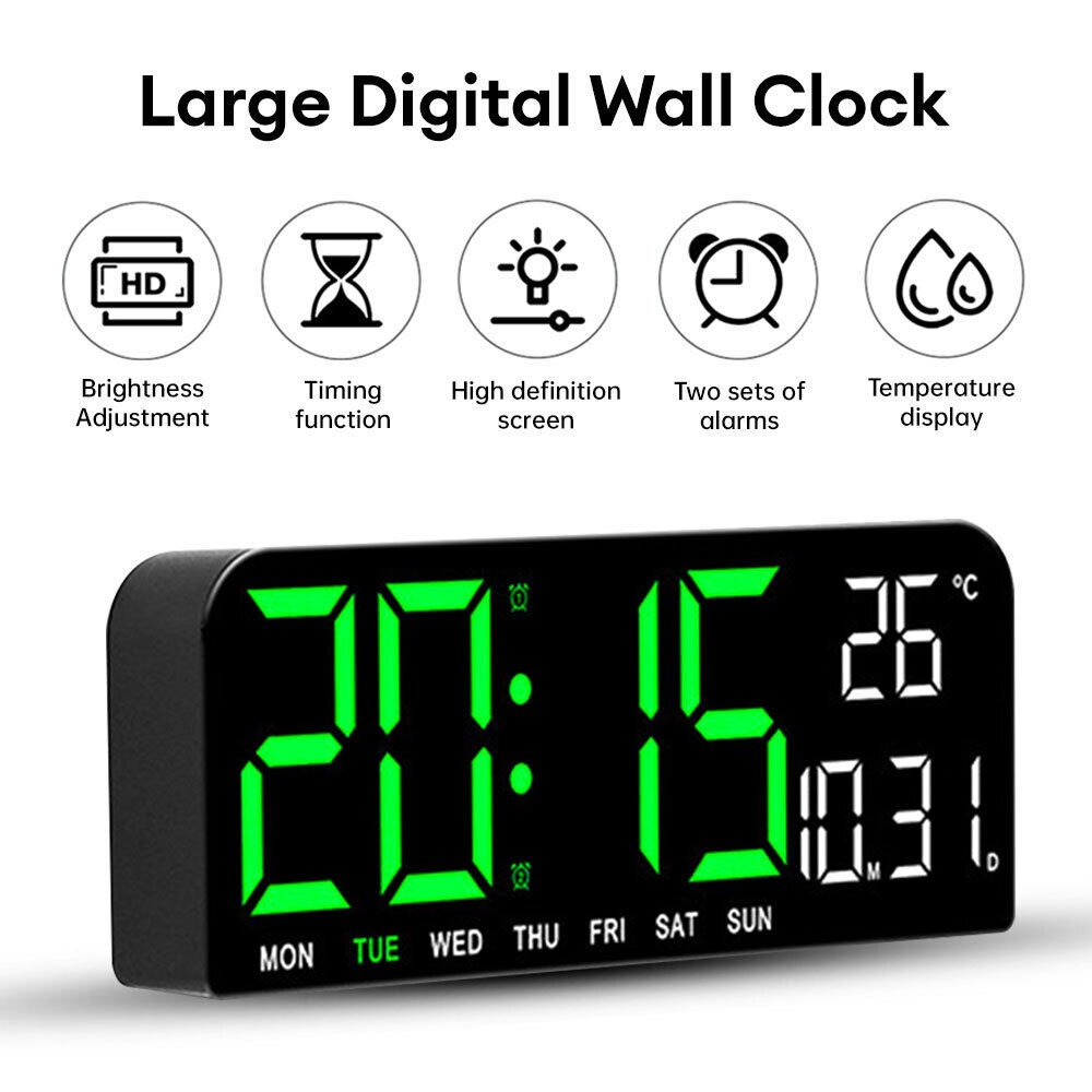 Wall-Mounted Digital Wall Watch Green Light Large Wall Clocks Temp Date Week