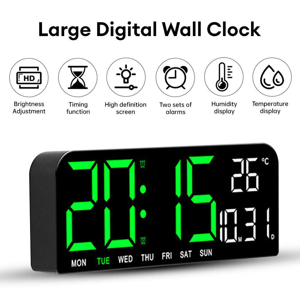 Wall-Mounted Digital Wall Watch Green Light Large Wall Clocks Temp Date Week