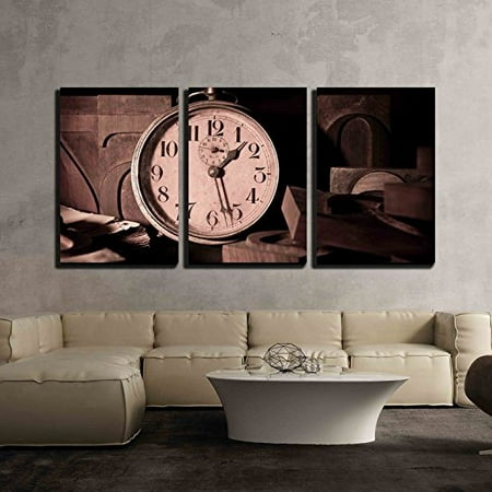 wall26 - 3 Piece Canvas Wall Art - Old Clock in a Printing - Modern Home Art Stretched and Framed Ready to Hang - 24x36x3 Panels