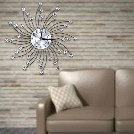 Wall Clock for Living Room Office, Decorative Clock,Sparkling Bling Metallic Silver Flower-Shaped Wall Clock for Living Room Office