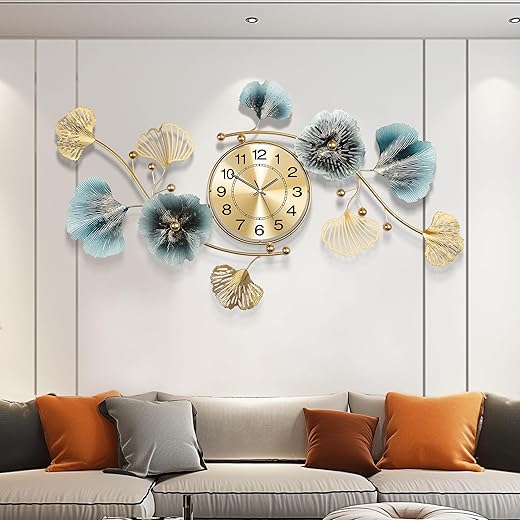 Wall Clocks for Living Room Decor,Large Wall Clock,3D Creative Metal Ginkgo Leaf Design,with Silent Movement Wall Clocks for Home Wall Decor Clock（32''x18'' ）