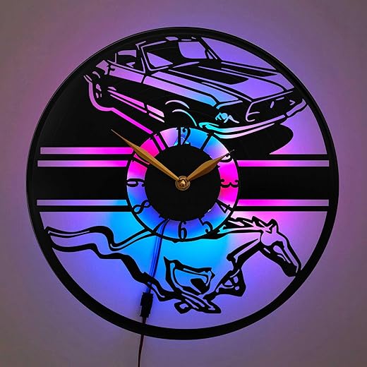 Wall Clock with Multicolor Led Light, Gifts for Mustangs Lovers, Black