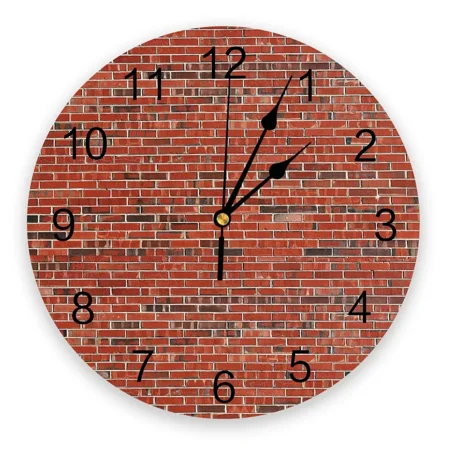 Wall Red Brick 3d Wall Clock Modern Design Farmhouse Decor Kitchen Vintage PVC Round Clock Living Room Decoration（10 Inch）