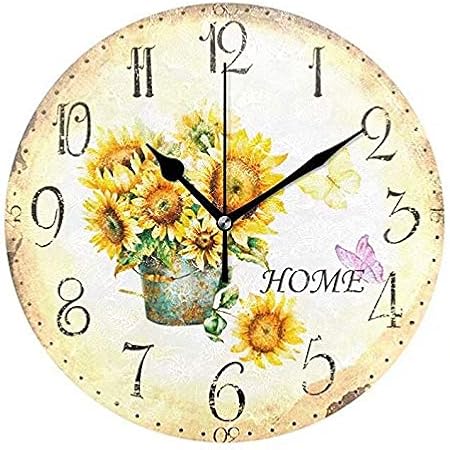 Wamika Round Wall Clock Vintage Sunflower Home Flowers Clock Silent Non Ticking Decorative,Daisy floral Butterfly Rustic Country Clocks 10 Inch Battery Operated Quartz Analog Quiet Desk Clock for Home