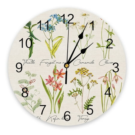 Watch Table Clocks Mural Printed Clock Round Digital Room Living Decor Wall Clock Wall Mute PVC Plant Herbaceous Flowers Vintage